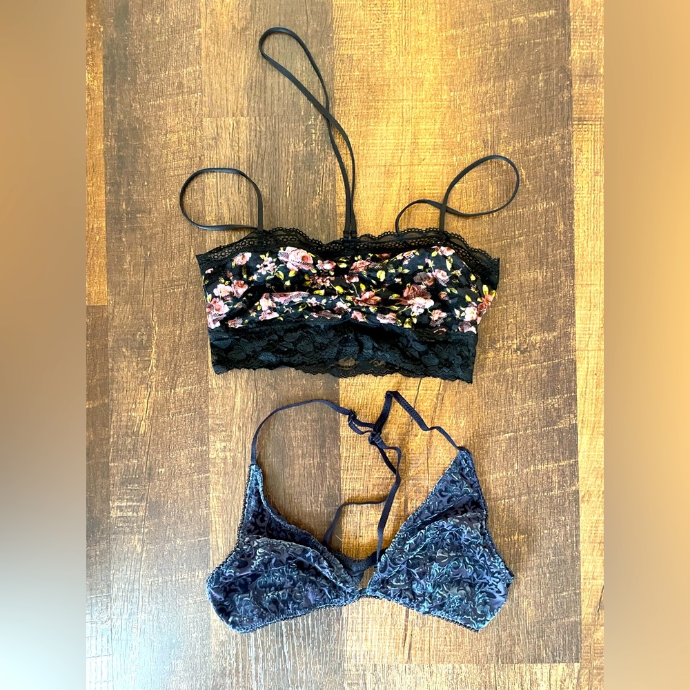 Set of two Free people bralettes- 1 blue velvet, 1 black lace floral